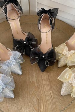 Y2K Women's Pearl Bow Pointed High Heels Fashion Shoes
