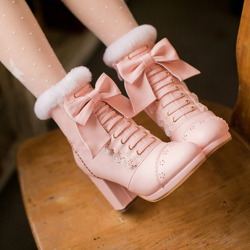 Y2K Women's Pink Fur Bow Winter Boots JK Uniform Party Shoes