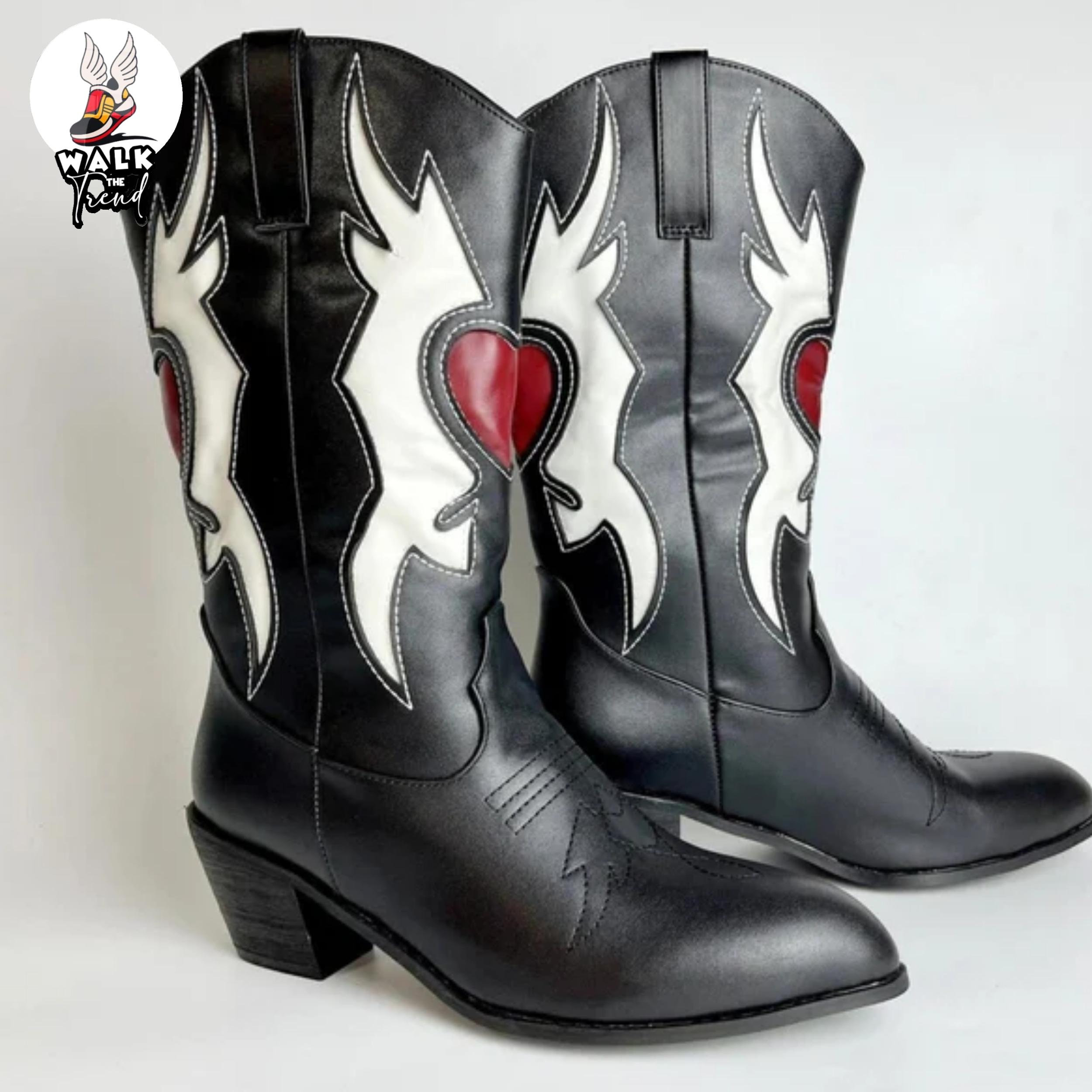 Y2K Women's Red Heart Embroidered Cowgirl Boots