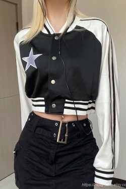 Y2K Women's Star Print Patchwork Jacket - Black Coat