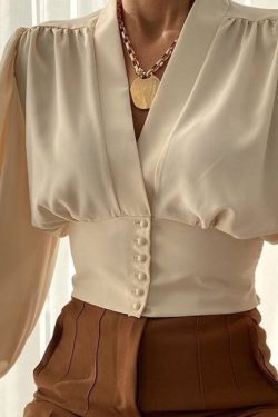 Y2K Women's V Neck Crop Top - Elegant Blouse with Lantern Sleeves