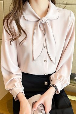 Y2K Women Chiffon Blouse Shirt with Tie Bow and Ribbon