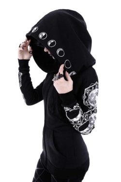 Y2K Women Punk Hoodie - Gothic Sweatshirt w/Moon Patchwork & Zipper