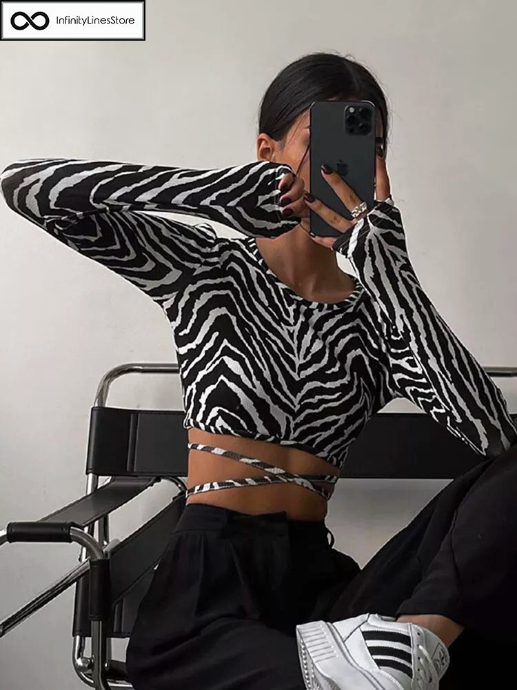 Y2K Zebra Print Backless Gothic Lace Up Crop Top