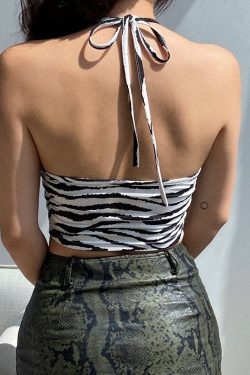 Y2K Zebra Print Halter Crop Top Backless Summer Tee