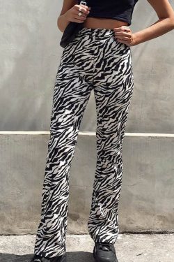 Y2K Zebra Print High Waist Flare Fashion Pants